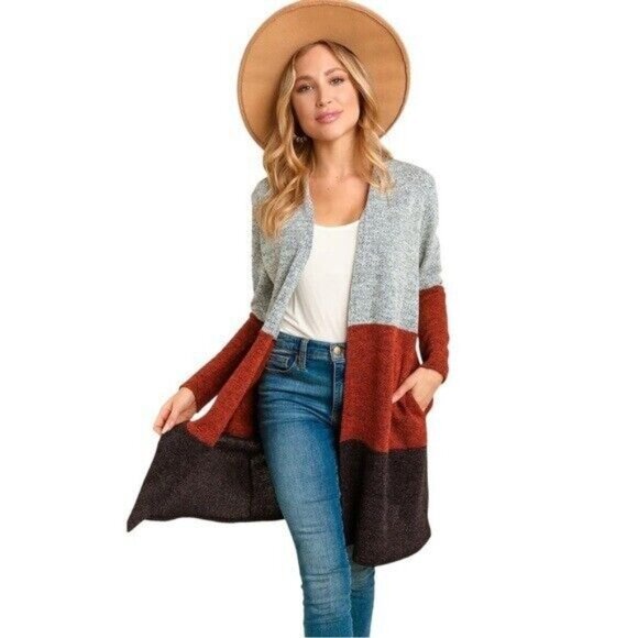 Cardigan Sweater Women Size Small Heather Gray Rust Black Knit Side Pockets - Picture 2 of 15